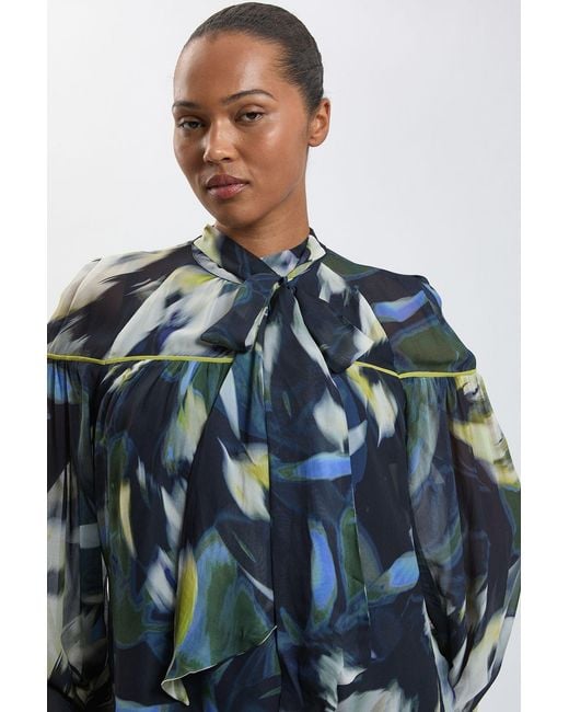 Karen Millen Blue Plus Size Viscose Floral Print Woven Tie Neck Blouse