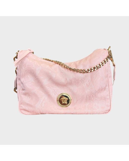 Versace Pink Hobo Medusa Head Floral Shoulder Bag