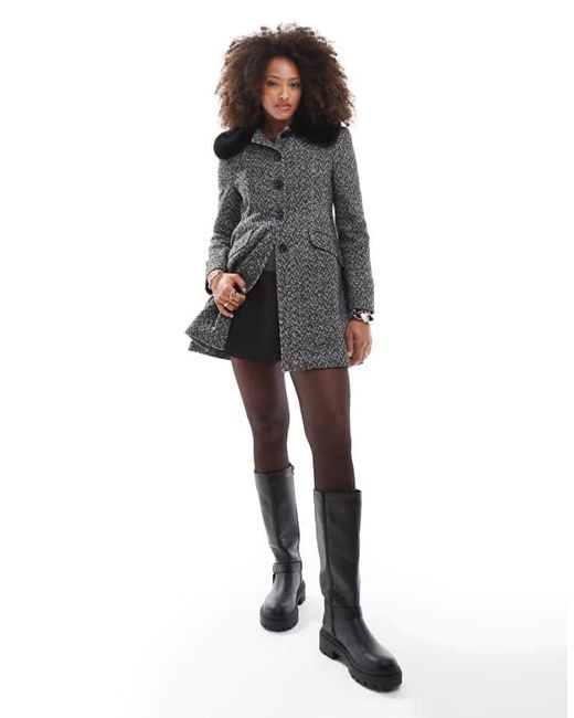 Miss Selfridge Black Boucle Faux Fur Trim Dolly Coat