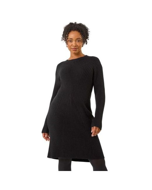 Roman Black Petite Ribbed Knitted Dress