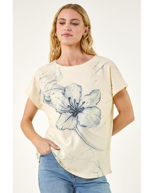 Roman White Floral Print Embellished T-Shirt