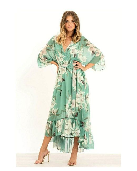 Yumi' Green Floral Print Kimono Midi Wrap Dress