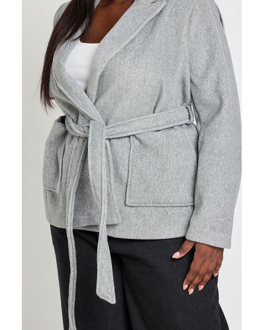 Boohoo Gray Plus Wool Look Tie Belt Coat