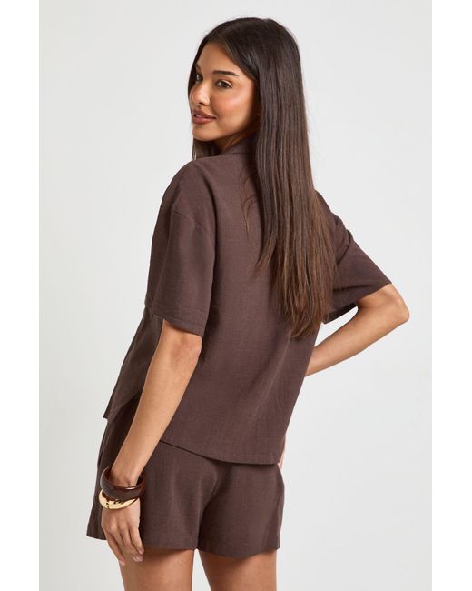 Boohoo Brown Premium Linen Short Sleeve Shirt