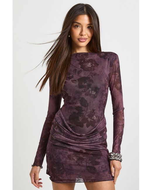 Boohoo Purple Floral Mesh Drape Waist Detail Mini Dress