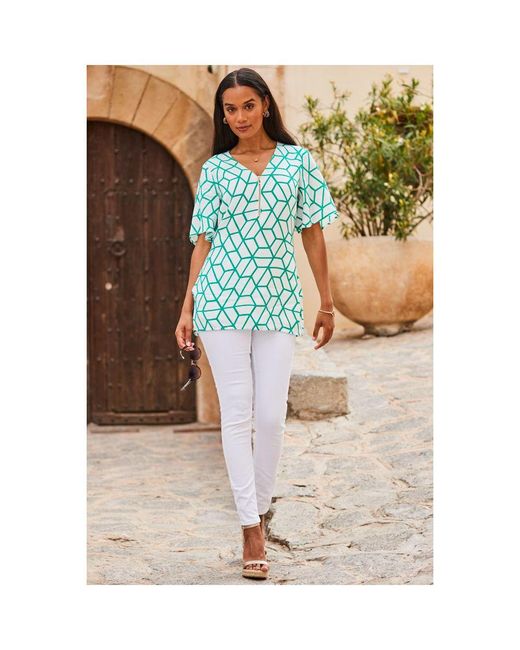 Sosandar Blue Ivory & Geometric Print Zip Front Tunic Top Viscose