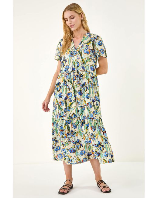 Roman Green Floral V-Neck Midi Dress