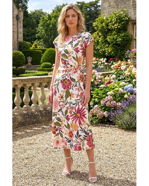 Roman Green Floral Print Wrap Twist Midi Dress