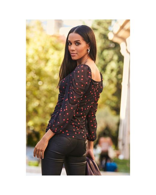 Sosandar Black Spot Print Sweetheart Neckline Mesh Top