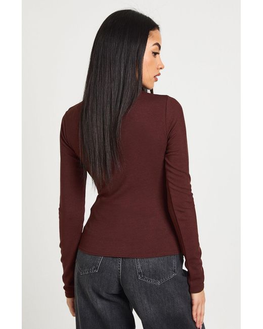 Boohoo Red Rib Long Sleeve Wrap Front Trim Top