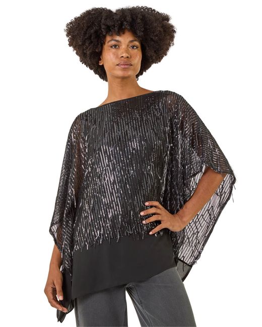 Roman Black Sequin Mesh Chiffon Hem Top