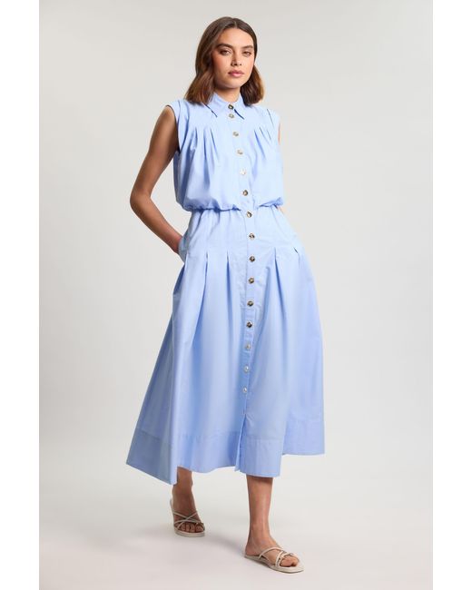 Karen Millen Blue Cotton Poplin Button Up Midi Dress