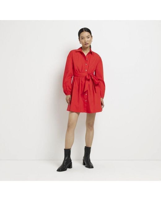 River Island Red Mini Shirt Dress Tie Waist Long Sleeve Cotton