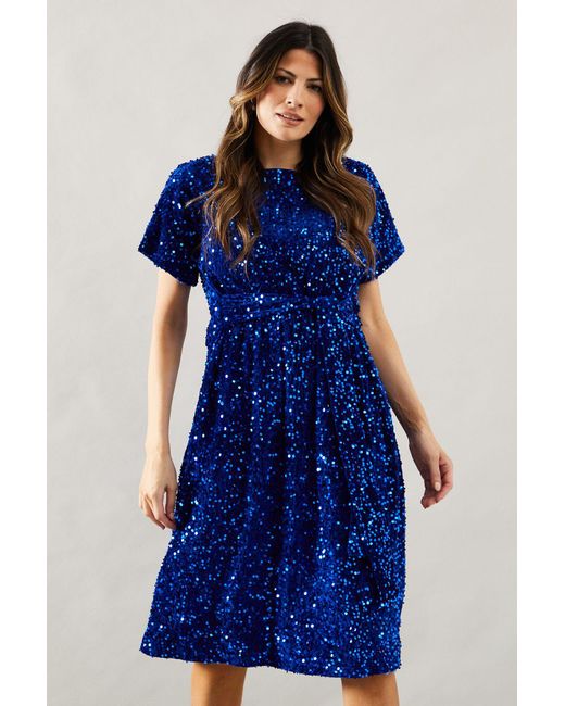 Wallis Blue Velvet Sequin Puff Sleeve Midi Dress