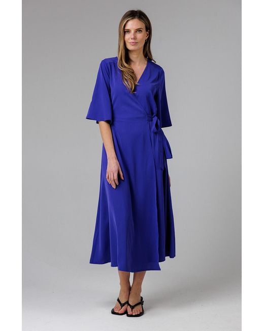 French Connection Blue V- Neck Bell Sleeve Wrap Tie Crepe Midi Dress