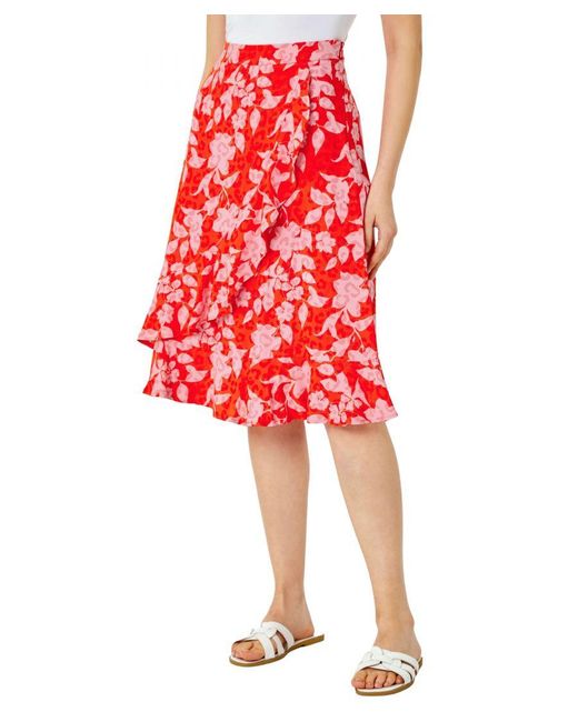 Roman Red Floral Frill Detail Wrap Skirt