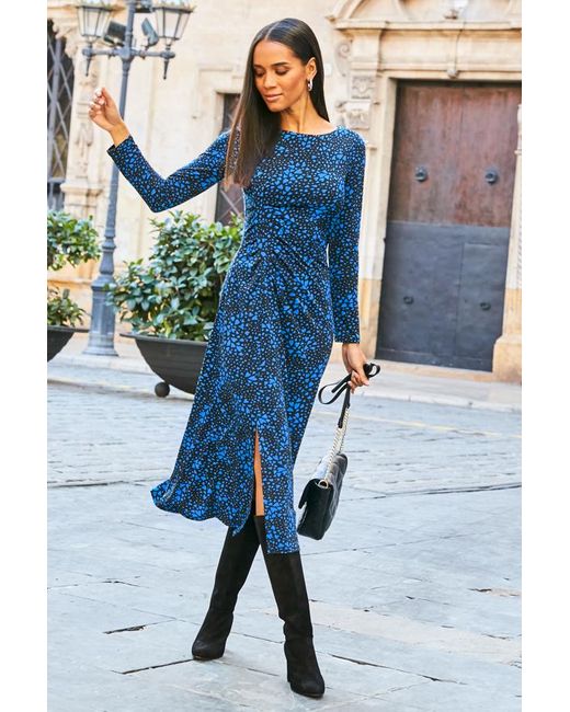 Sosandar Blue Heart Print Ruched Front Midi Jersey Dress