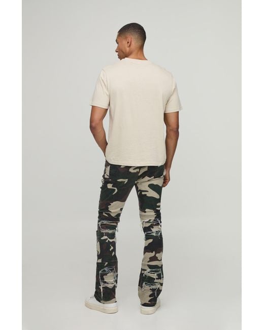 BoohooMAN Green Camo Stacked Skinny Flared Distressed Jeans for men