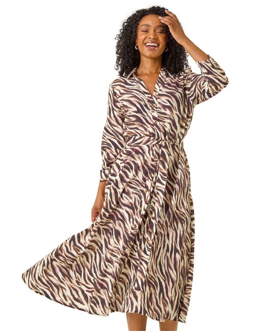Roman Brown Petite Animal Print Midi Shirt Dress