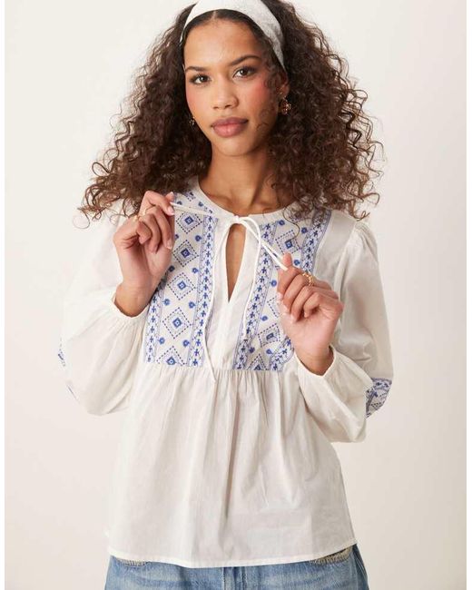 Jdy White Tie Front Embroidery Details Top