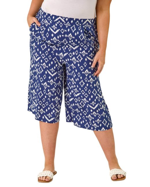 Roman Blue Curve Ikat Print Wide Leg Culottes
