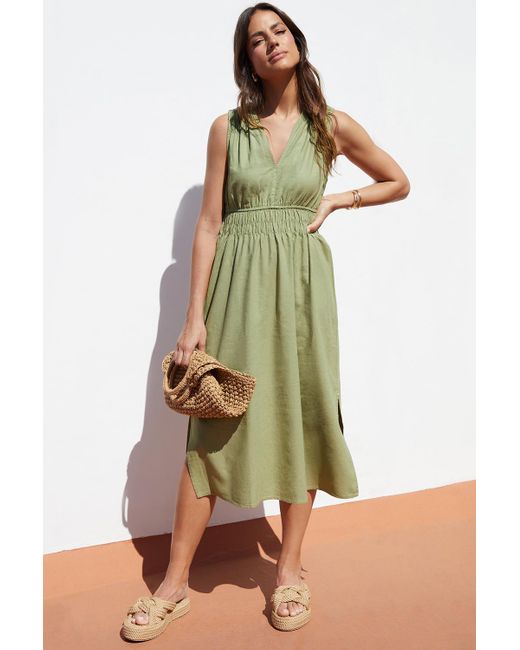 Threadbare Green Linen Blend 'Peppercorn' V Neck Sleeveless Ruched Midi Dress