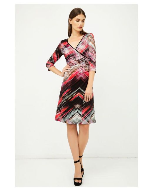 Conquista Red Print Jersey Faux Wrap Dress