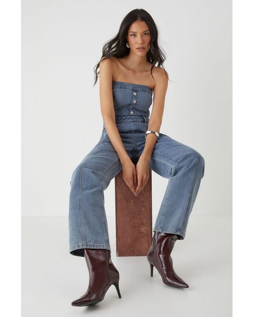 MissPap Blue Bandeau Button Up Denim Jumpsuit