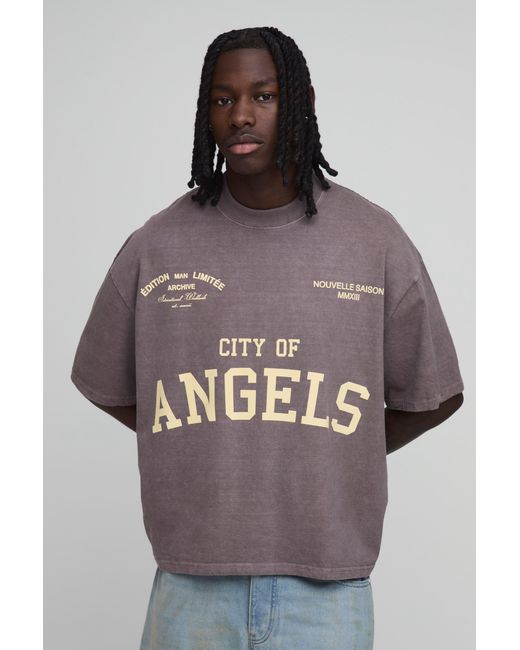 BoohooMAN Brown Washed Oversized City Of Angels T-Shirt Cotton for men
