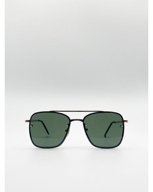 SVNX Green Metal Frame Square Aviator Style Sunglasses