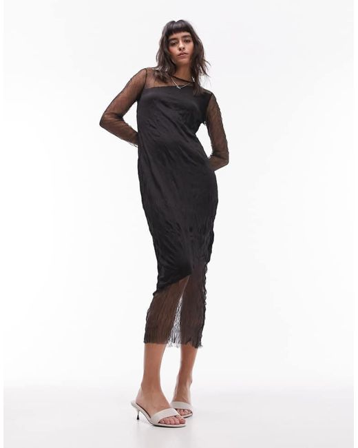 TOPSHOP Black Sheer And Solid Crinkle Mix Midi Dress
