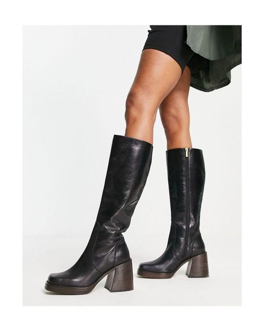 ASOS Black Cracking Leather Mid-heel Knee Boots