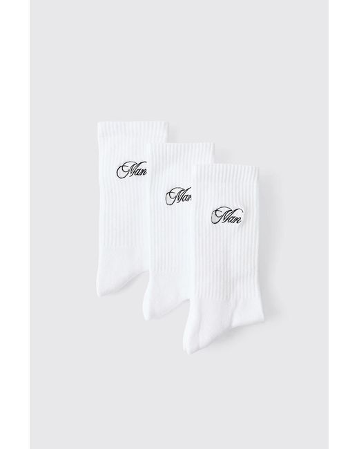 BoohooMAN White 3 Pack Script Embroidered Socks for men