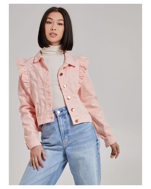 Pink Vanilla Blue Vanilla Frill Shoulder Denim Jacket Cotton