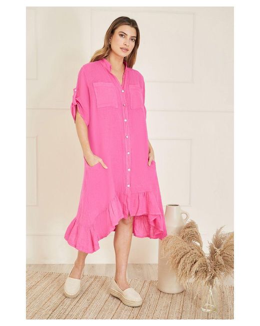 Yumi' Pink Italian Linen Shirt Dress With Frill Hem