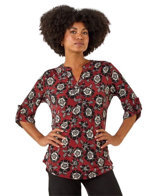 Roman Red Floral Puff Print Stretch Shirt