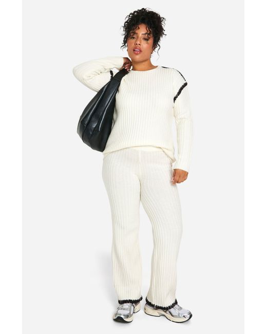 Boohoo White Plus Premium Heavyweight Contrast Trim Jumper And Trouser Knitted Set