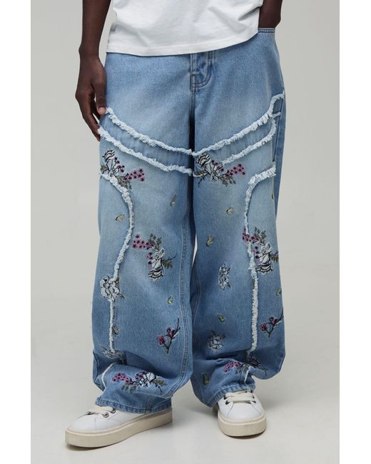BoohooMAN Blue Floral Patchwork Super Baggy Jeans for men