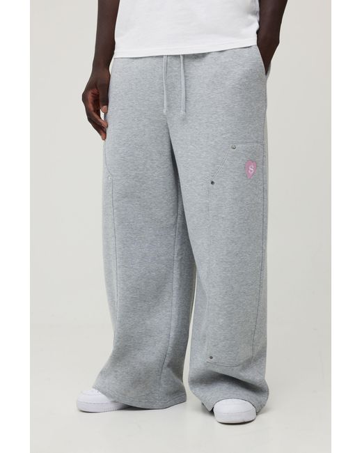 BoohooMAN Gray Extreme Wide Leg Heart Embroidered Carpenter Panelled Jogger for men