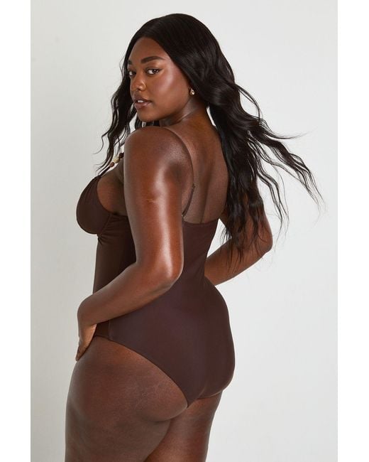 Boohoo Brown Plus Balcony Beaded Trim Detail Swimsuit