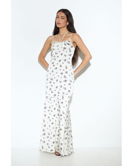MissPap White Premium Tie Neck Satin Occasion Maxi Dress