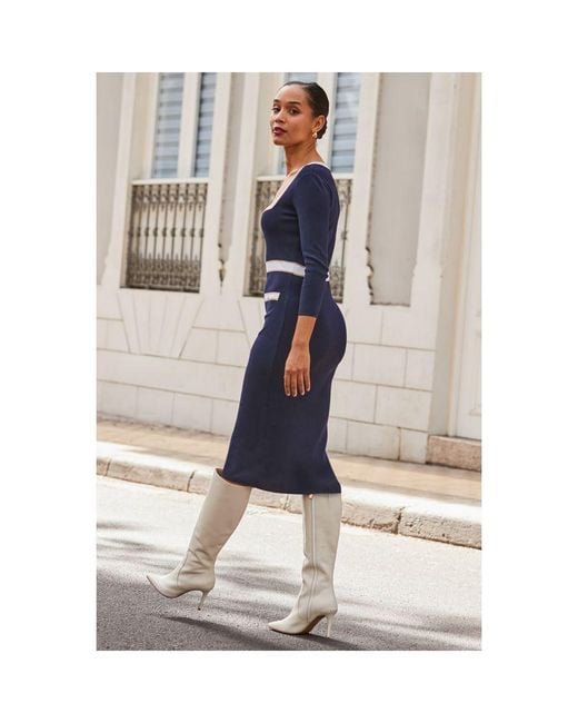 Sosandar White Contrast Trim Square Neck Knitted Dress