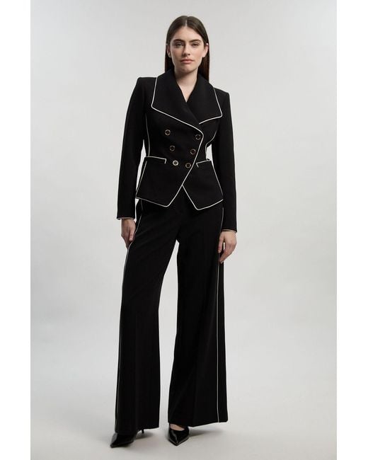 Karen Millen Black Petite Compact Stretch Contrast Tipped Wide Leg Tailored Trouser