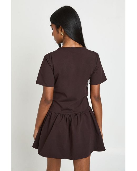 Boohoo Brown Tie Waist Long Sleeve Smock Dress