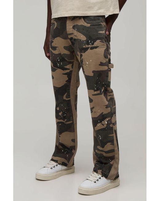 BoohooMAN Green Camo Slim Flared Paint Splatter Gusset Carpenter Jeans for men