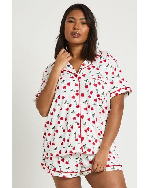 Boohoo White Plus Heart Cherry Print Short Sleeve Shirt & Pyjama Set