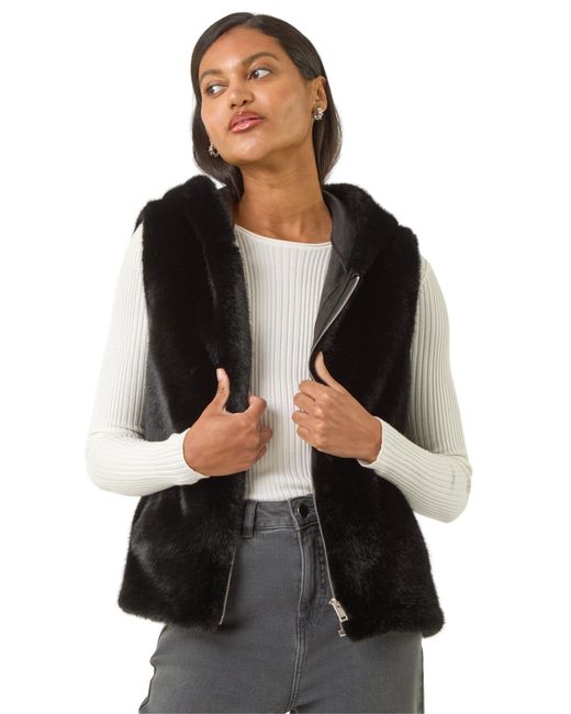 Roman Black Hooded Faux Fur Gilet