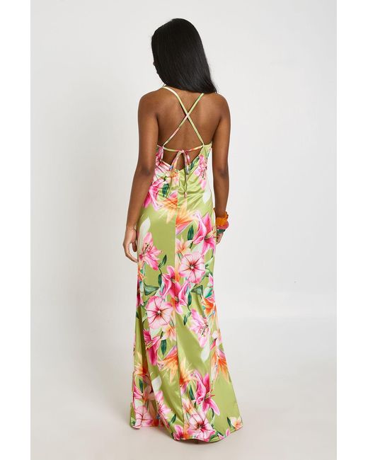 Boohoo White Floral Print Cowl Neck Satin Maxi Dress
