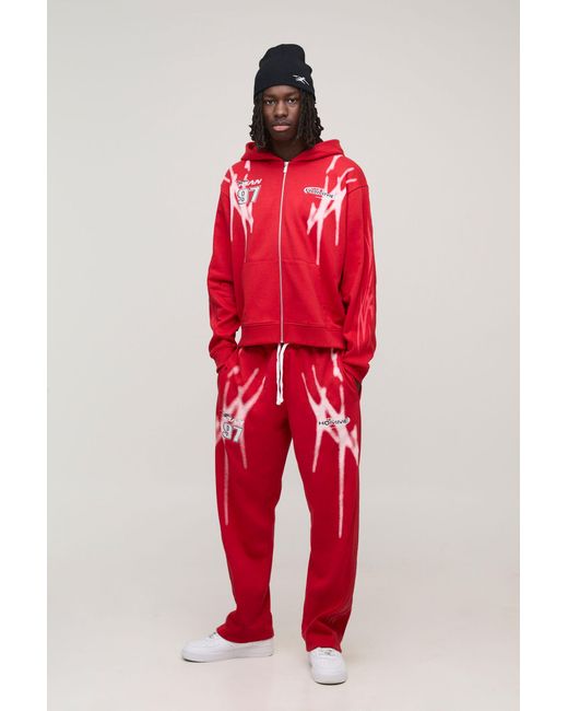 BoohooMAN Red Oversized Boxy Sport Distressed Zip Through Hoodie for men