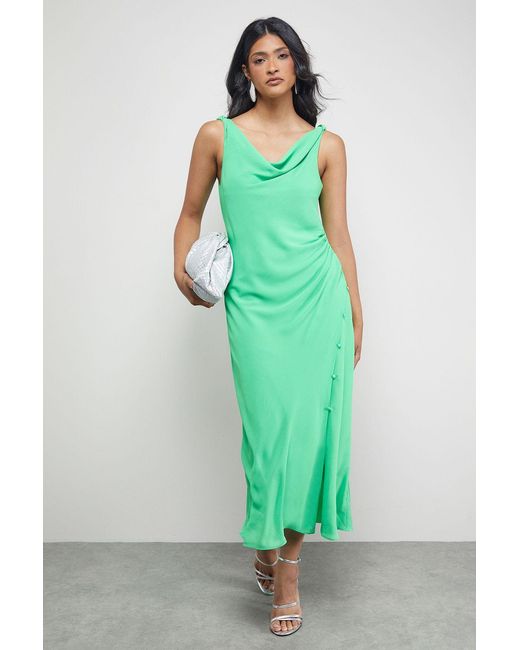 Warehouse Green Tony Chiffon Cowl Button Wrap Midi Slip Dress